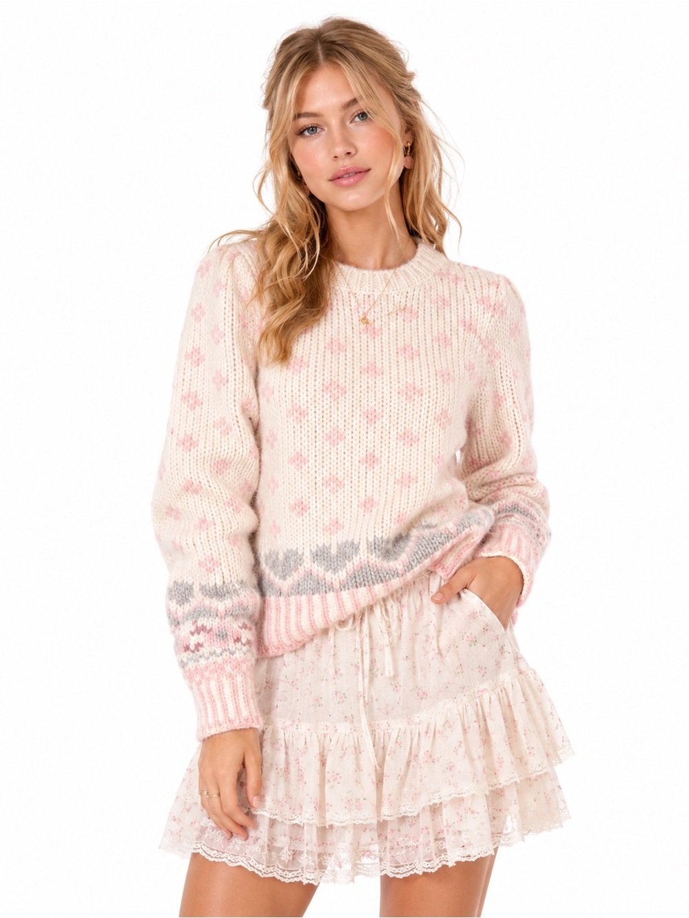 LoveShackFancy Rosie Alpaca Wool Fair Isle Heart Sweater Pink Cream Medium